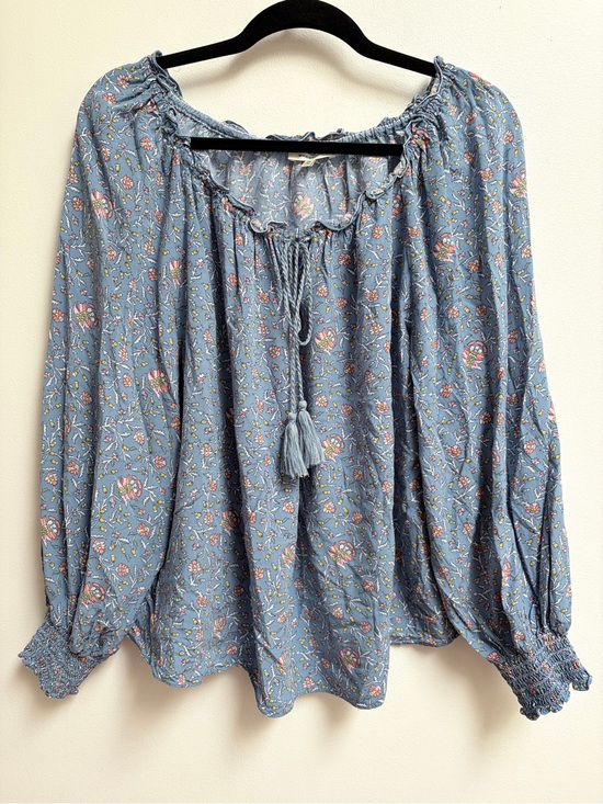Max Studio Tops - Max Studio Dusty Blue Floral Peasant Top with Tassel Tie